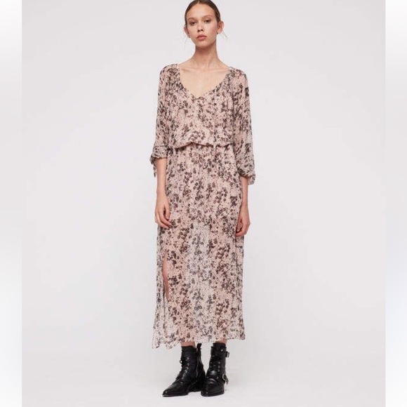 ALL SAINTS Chesca Chiffon pink petal maxi dress off the shoulder drop waist M - Picture 1 of 6
